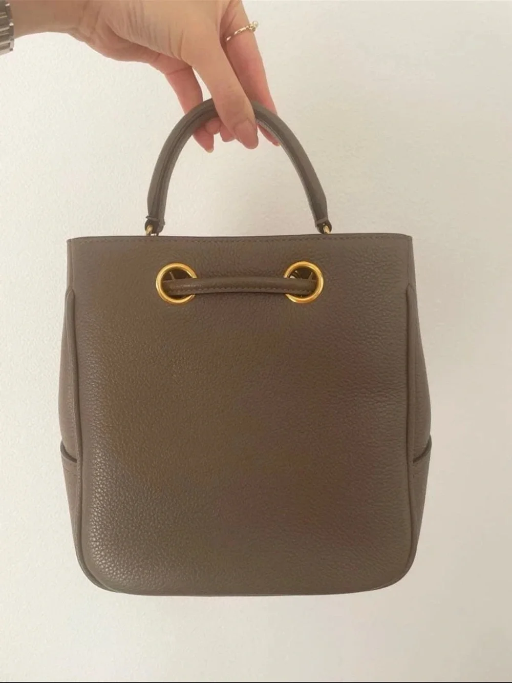 Mulberry Olive Leather Mini Drawstring Bucket Bag with Gold Hardware